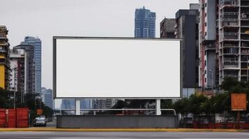 A blank white outdoor billboard mockup in an urban setting with high-rise buildings in the background. Ideal for advertising, marketing, and promotional designs, offering a large, empty space for you photo