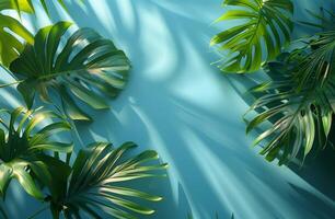 Green monstera leaves casting shadows on a bright blue wall, creating a vibrant tropical background. photo