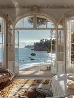 A large open window in a room with a view of the ocean photo