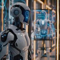 A robot is standing in front of a wall with a computer screen on it photo