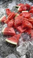 A close up of a watermelon with a few slices missing photo