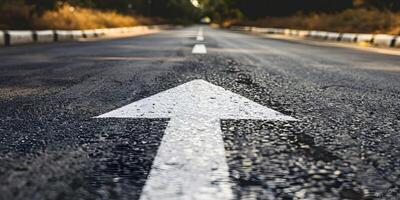 An asphalt road stretches into the distance with a painted white arrow pointing forward, symbolizing motivation, progress photo