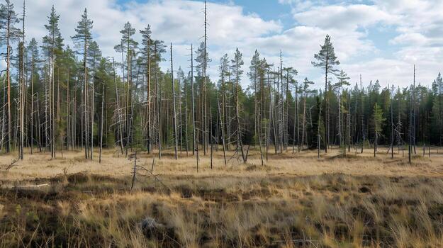 A field of dead trees with a cloudy sky in the background photo