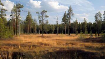 A field of trees with a cloudy sky in the background photo