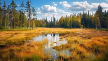 A field of tall grass with a small pond in the middle photo