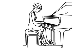 continuous one line drawing woman playing a grand piano outline, sketch artist sitting and using piano to learn it on white background vector