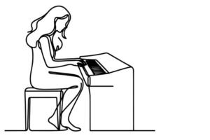 continuous one line drawing woman playing a grand piano outline, sketch artist sitting and using piano to learn it on white background vector