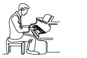 continuous one line drawing man playing a grand piano outline, sketch artist sitting and using piano to learn it on white background vector