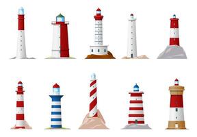 Nautical lighthouse and navigation beacon icons vector