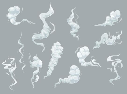Cartoon smoke and fog clouds white steaming vapour