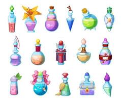 Potion bottles, magic elixir in glass flasks icons vector