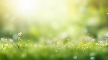 Beautiful wide format image of a pristine forest lawn with fresh grass. Neural network photo