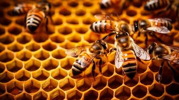 bee on honeycombs with honey slices nectar into cells. Neural network photo