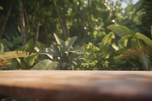 Jungle table background. Interior table for a cosmetic item against the backdrop of tropical plants, palms and jungle. Neural network photo