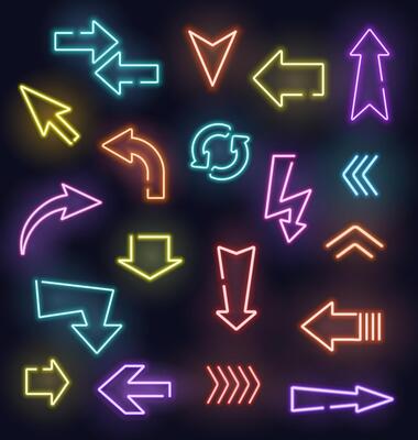 Neon arrow signs of glowing light pointers