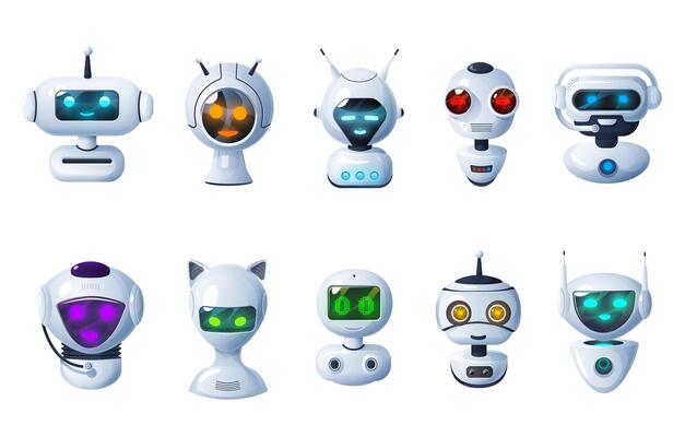 Chat bot icons, cartoon robots cyborg heads