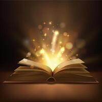 Open book with magic lights, realistic vector