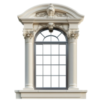 an ornate window with a white frame and a window sill png