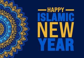 Islamic New Year mandala background template. Holiday concept. Use a background, banner, placard, card, and poster design template with text inscription and standard color. vector