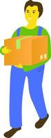 A man in uniform delivered a box by parcel. illustration A man in a blue uniform moves in a direction from right to left and from top to bottom. In the hands of the employee is a box sealed vector