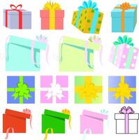 Gift boxes with ribbons of different colors, sizes and angles. Can be used as a sticker gift box. illustration Boxes with ribbons side top and half-side view vector