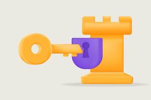 3D illustration of key and lock with a castle tower design in orange and purple. Perfect for themes related to security, access control, and data protection. Optimize your cybersecurity vector