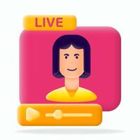 3D illustration of a woman streaming live with stream controls. Engage with real-time content and live broadcasts. Join our platform for interactive live streaming experiences vector