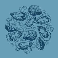 Circle frame from open and closed oysters. Seashells hand drawn colorful etching sketch isolated on background. Template label, layout design for menu, oysters farm, seafood market, restaurant vector