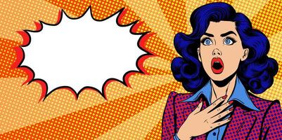 surprised girl with open mouth and speech bubble. Wow pop art face. Shocked Beautiful woman with space for text. Retro comic book style. banner template for black Friday, Global Shopping Day vector