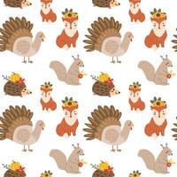 Autumn fall thankgiving pattern with cartoon characters vector