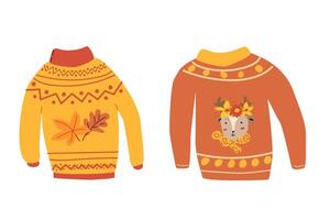 autumn fall sweaters with leaves set, hand drawn vector