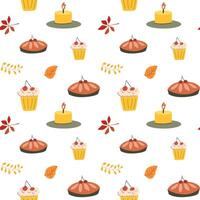 Fall thanksgiving pattern with autumn leaves and plants, animals. Cute fabric design. vector