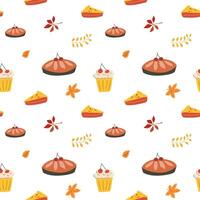 Fall thanksgiving pattern with autumn leaves and plants, animals. Cute fabric design. vector