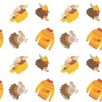 Fall thanksgiving pattern with autumn leaves and plants, animals. Cute fabric design. vector