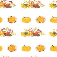 Fall thanksgiving pattern with autumn leaves and plants, animals. Cute fabric design. vector