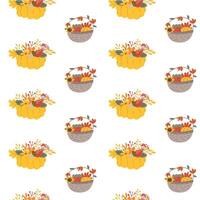 Fall thanksgiving pattern with autumn leaves and plants, animals. Cute fabric design. vector