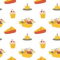 Fall thanksgiving pattern with autumn leaves and plants, animals. Cute fabric design. vector