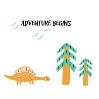 Cute dinosaur in nature background - childish poster with text vector