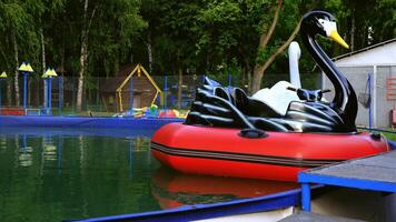view of inflatable boats in the form of birds swan, pelican on the water in the pool in the spring photo