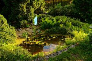 Beautiful small garden pond with stone shores, mirrors of the greenhouse in background and many decorative evergreens spring after rain. Selective focus. Nature concept for design photo