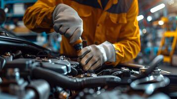 Skilled mechanic using specialized tools to repair an engine in an automotive workshop photo