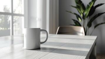 Clean and modern white mug mockup on a minimalist table photo