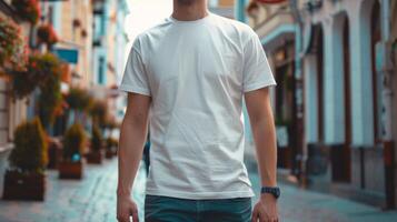 A man wearing a white t-shirt mockup is walking down a busy street photo