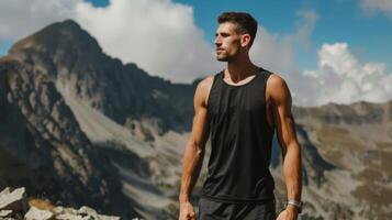 healthy man wearing a blank black tank top mockup while hiking in the mountains photo