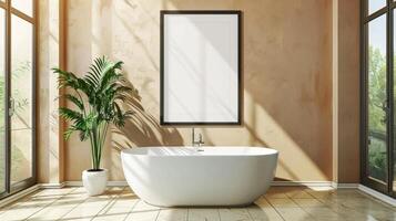 Modern bathroom with a large bathtub and blank photo frame with plant