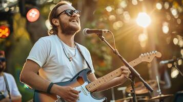 hipster hombre vistiendo un blanco negro camiseta Bosquejo mientras jugando guitarra a un música festival foto