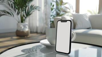 Blank screen smartphone mockup on a minimalist with coffee on the table photo
