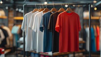 blank t-shirt mockup displayed on a clothing rack in a retail store photo