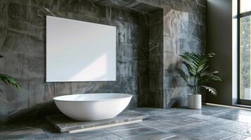 The image shows a bathroom with a large bathtub, a mirror, and a plant. The walls are made of concrete and the floor is made of stone. The bathroom is decorated in a modern style. photo