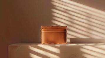 Brown leather wallet mockup on a minimalist surface photo